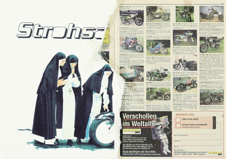 Artwork by Phillip Zaiser, HEILIGER STROHSACK, Made of Inkjet print on paper, glued into a motorcycling magazine