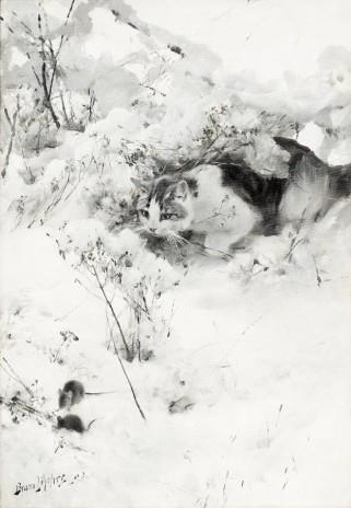 Artwork by Bruno Liljefors, Smygande katt, Made of Oil on canvas laid on panel