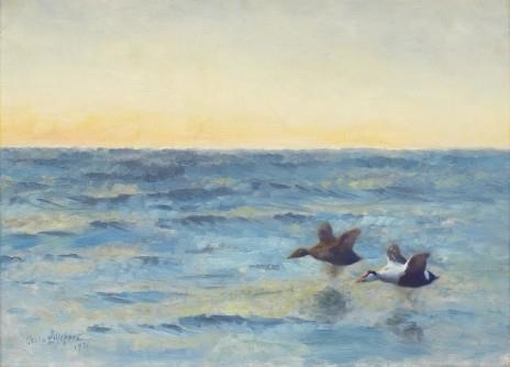 Artwork by Bruno Liljefors, Sträckande ejderpar, Made of Oil on canvas