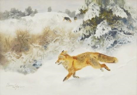 Artwork by Bruno Liljefors, Räv och stövare i vinterlandskap, Made of Oil on canvas