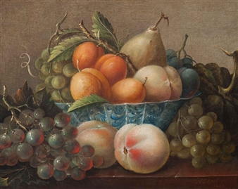 Still life with fruit on porcelain dish - Adrianus Apol