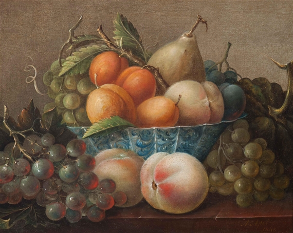 Still life with fruit on porcelain dish by Adrianus Apol, 1845