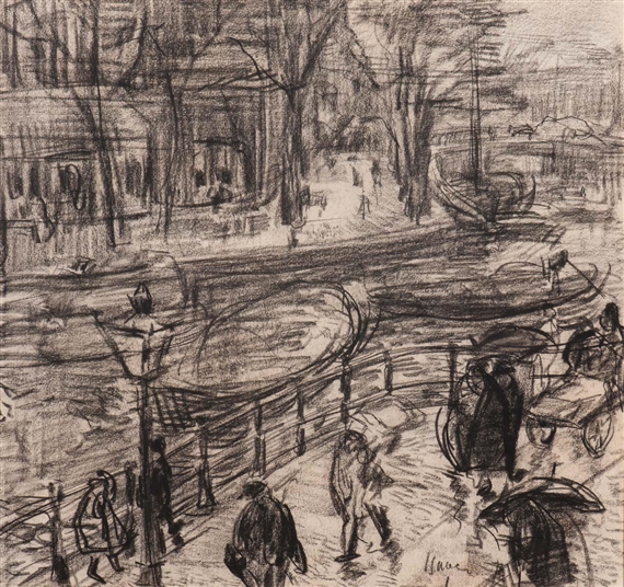 A monochromatic sketch of a bustling park scene filled with figures, trees, and horse-drawn carriages.