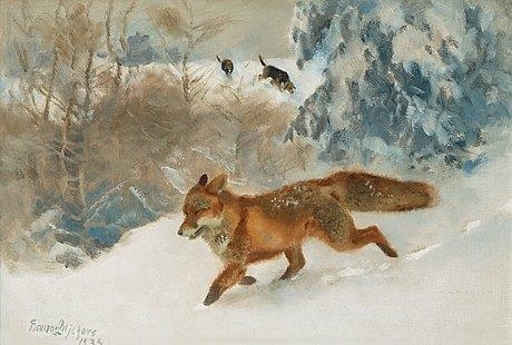 Fox and foxhounds in winter landscape by Bruno Liljefors, 1935