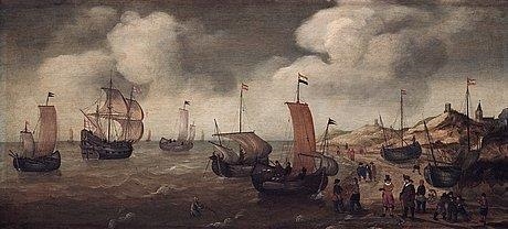 Dutch merchants and ship by the coast by Cornelis Verbeeck