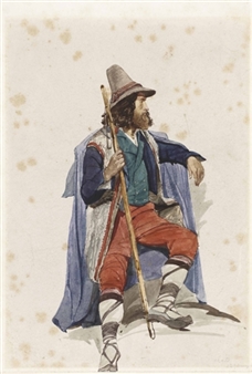 A seated Italian peasant holding a staff - Theodor Canneel