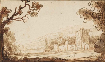 A hilly landscape with figures approaching a castle (recto); Two studies of a woman with a child (verso) - Abraham Furnerius