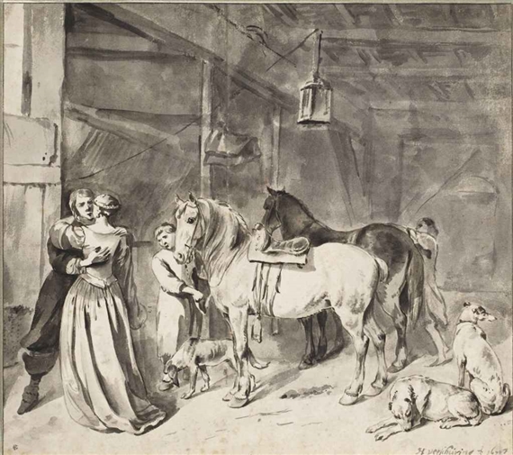 A cavalier bidding farewell to a lady by a stable by Hendrick Verschuring, 1678