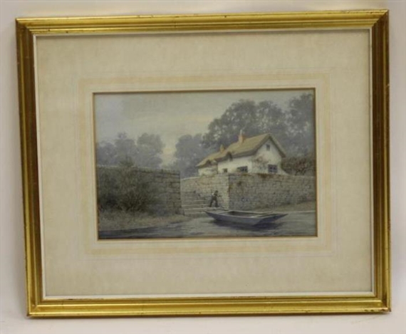 River Scene with Cottage and Figure Tying up a Punt by Harry Foster Newey