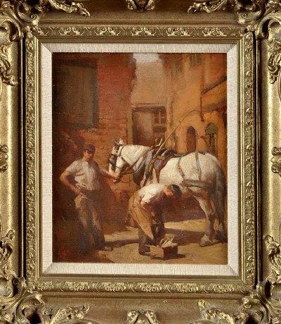 BLACKSMITHS SHOEING A CART HORSE by John R. Townsend