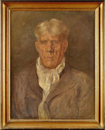 Artwork by Honor Earl, A PORTRAIT OF A GREY-HAIRED MAN WEARING A BROWN COAT AND WHITE SCARF, Made of oil on canvas