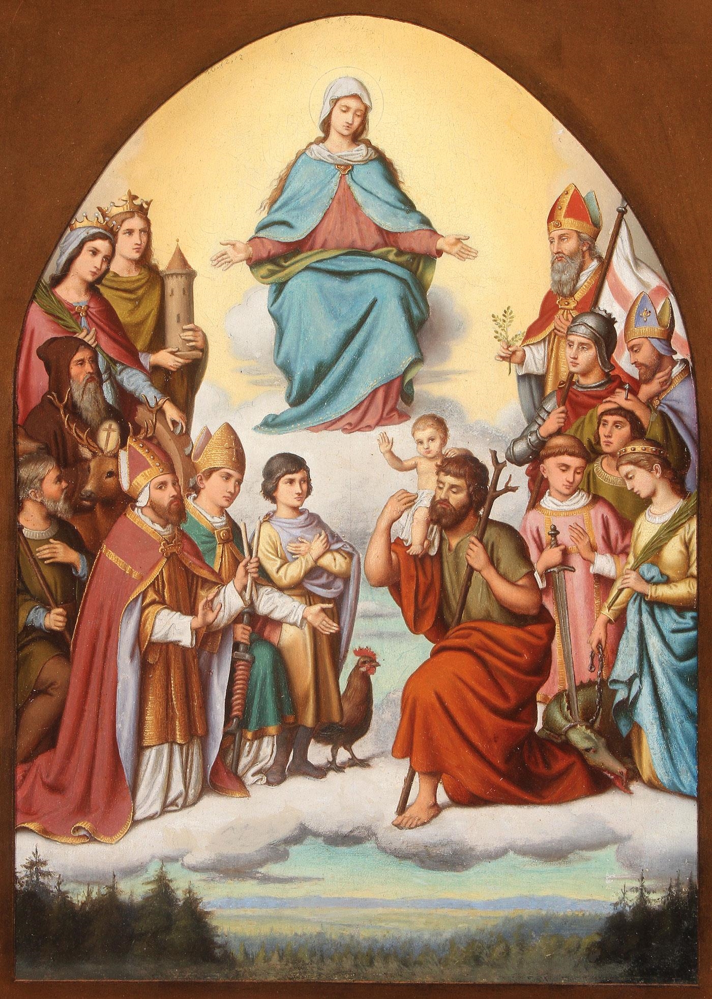 Artwork by August Hess, The Virgin in Heaven Above a Gathering of Saints, including St. George, St. Margaret, St. Stephen, St. Lawrence, St. Blaise, St. Hubert, St. Catherine of Alexandria, St. Barbara, St. Christopher and others, Made of Oil on metal