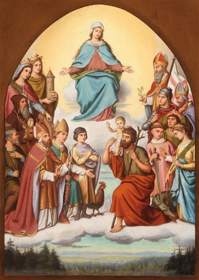 The Virgin in Heaven Above a Gathering of Saints, including St. George, St. Margaret, St. Stephen, St. Lawrence, St. Blaise, St. Hubert, St. Catherine of Alexandria, St. Barbara, St. Christopher and others - August Hess