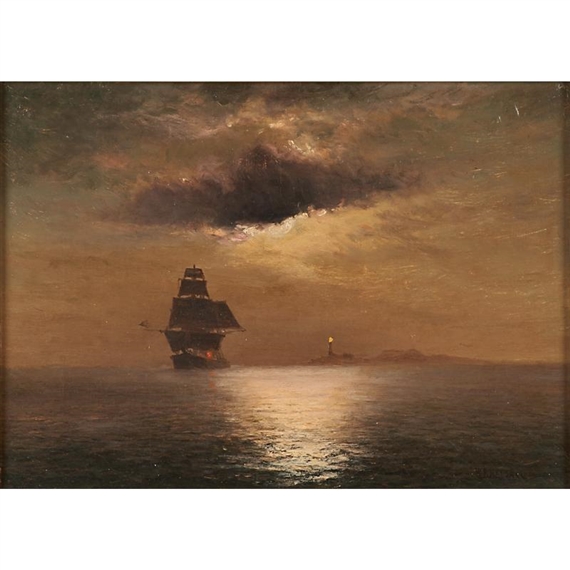 William Formby Halsall | Moonlit maritime scene with lighthouse | MutualArt