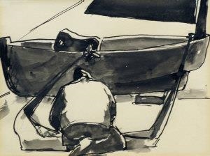 Artwork by Josef Herman, Man repairing a boat, Made of pen and ink with wash