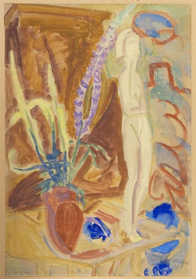 Blumen und Holzfigur by Erich Heckel, 1920