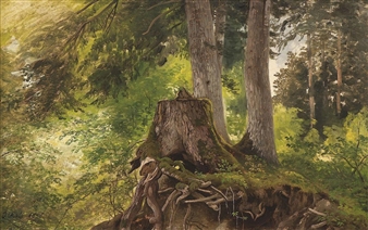 View into a forest with an old tree stump - Johannes Cornelis Jacobus Mali