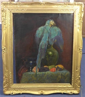 Still life with a parrot perched upon a vase - Edward Sermon