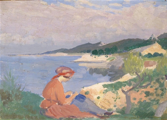 A lady, probably Dorelia, seated on a clifftop, sewing by Augustus Edwin John