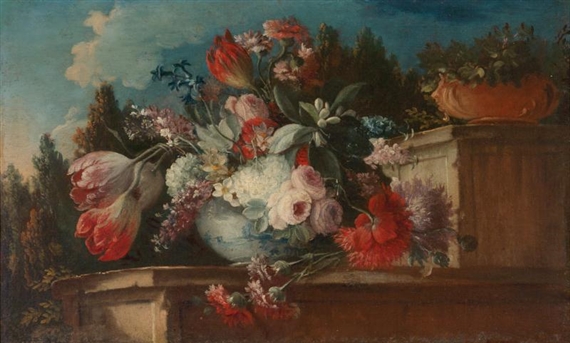 2 Works : Two still lifes of flowers and fruit on a stone ledge in a park landscape by Gasparo Lopez