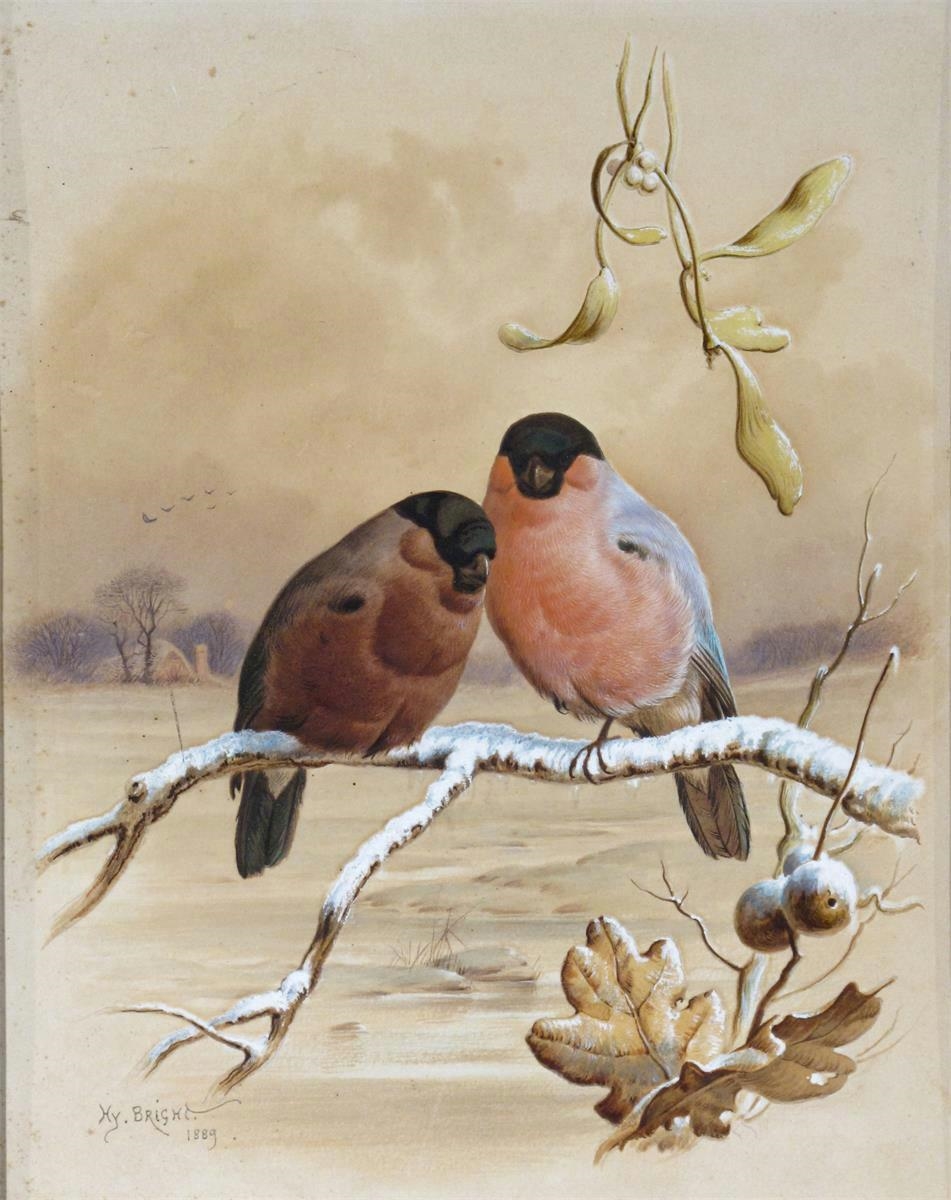 Artwork by Harry Bright, Bullfinches on a branch, Made of Watercolour