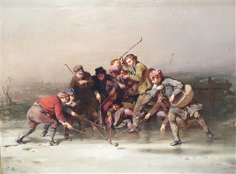 Winter scene with children playing Bandy - John Ritchie