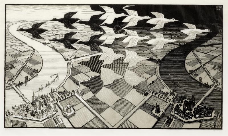 Artwork by Maurits Cornelis Escher, Day and Night, Made of Woodcut printed in black and grey