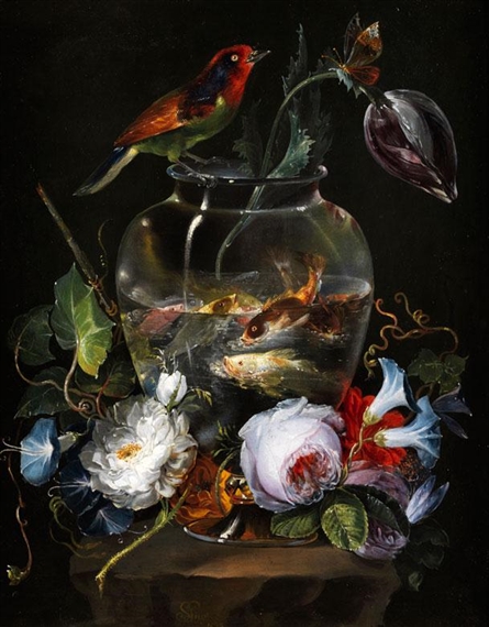 Stilleben mit aquarium umstellt von sommerblumen und vogel sowie schmetterling - Salvatore Giusti