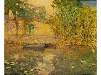 Blick auf einen see mit boot und gebäude im hintergrund - Louis Bonamici