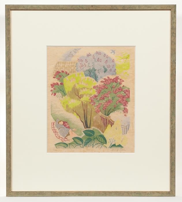 Artwork by Alice M. Coats, 2 WORKS: LILACS; AND THE SIGNPOST, Made of linocut