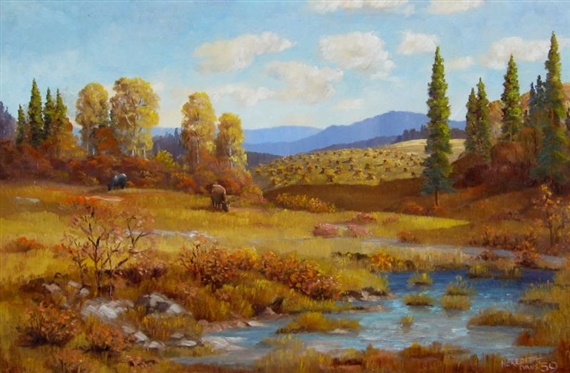 Cattle in Farm Landscape by Meredith Evans, 1959