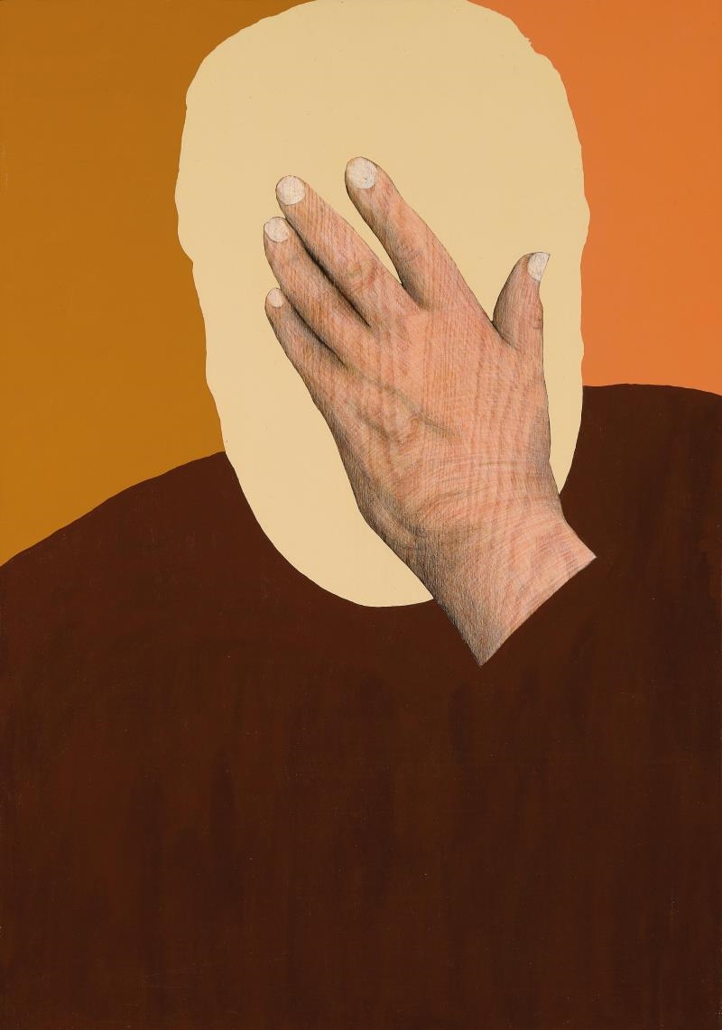 Artwork by Robert Lucander, Der man leidet wirklich, sagt einer, der ihn kennt, Made of acrylic, coloured pencils on panel