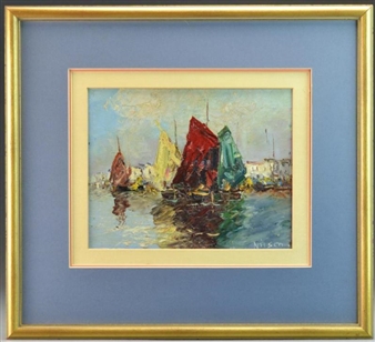 Depicting a harbor scene, having somewhat of a heavy impasto look - Finn Nilsen