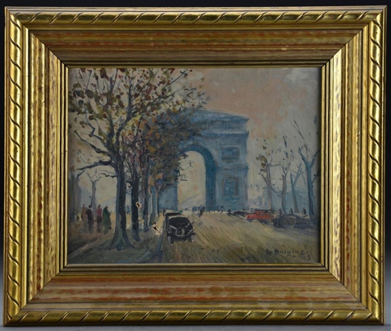 Depicting a Paris street scene with the Arc de Triomphe - L. Duining