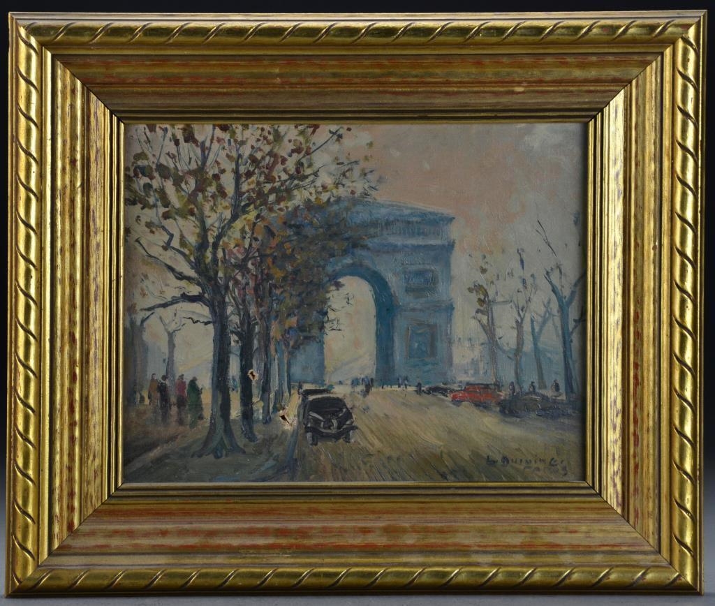 Artwork by L. Duining, Depicting a Paris street scene with the Arc de Triomphe, Made of oil on canvas