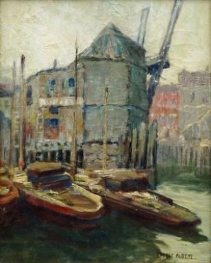 Boats in a Harbour with Mill by Ernest Albert
