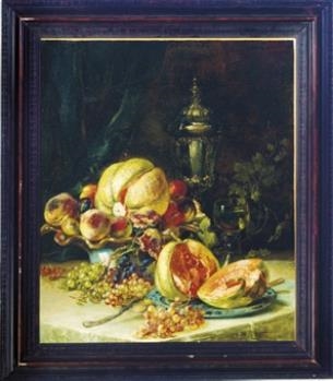 Still Life of Grapes Melons and Peaches on a Table by August von Wille, 1864