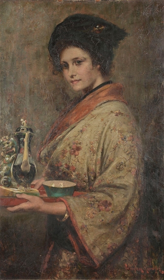 Davidson Knowles | A Girl in a Kimono Holding a Tray of Coffee | MutualArt