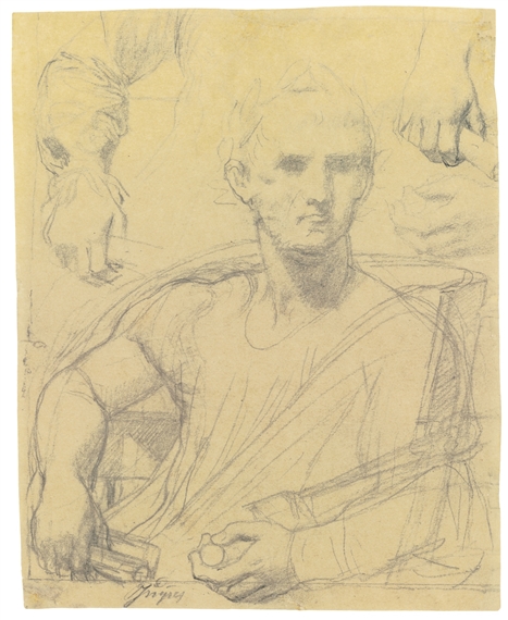 A SHEET OF STUDIES FOR A SEATED JULIUS CAESAR: A SEPARATE STUDY FOR HIS RIGHT ARM AND PART OF THE TORSO, AND HIS RIGHT AND LEFT HAND by Jean-Auguste-Dominique Ingres