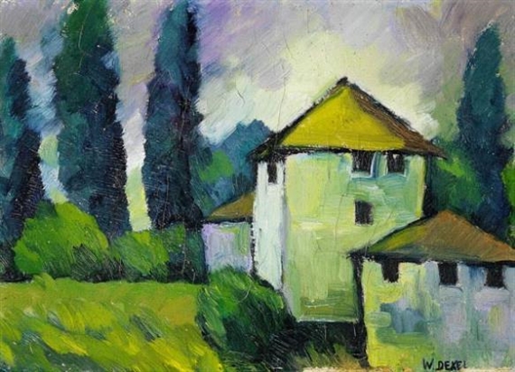 A vibrant impressionist landscape featuring a yellow-roofed house nestled among tall cypress trees.