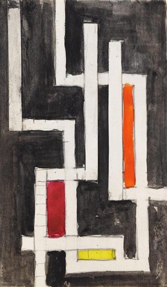 An abstract composition of intersecting white lines and bold colored blocks against a dark background.
