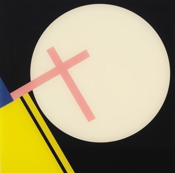 A bold geometric composition featuring a large off-white circle with a pink cross against a black background, intersected by yellow and blue diagonal shapes.