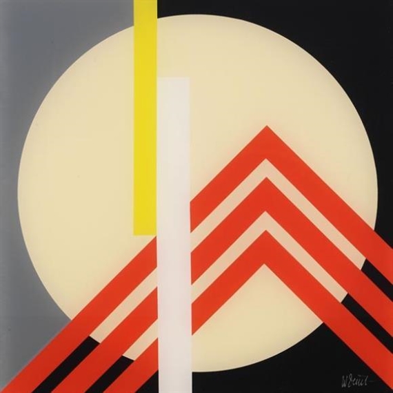 A geometric composition featuring a large pale circle, bold red chevrons, and vertical bars against a dark background.