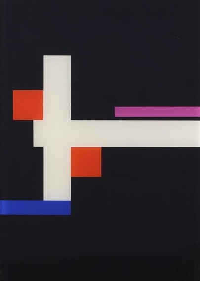 Figuration in Weiss auf Schwarz mit 2 Roten Quadraten
