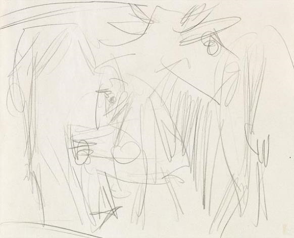 Artwork by Ernst Ludwig Kirchner, Alpbauer Beim Melken, Made of Pencil drawing on light grey paper