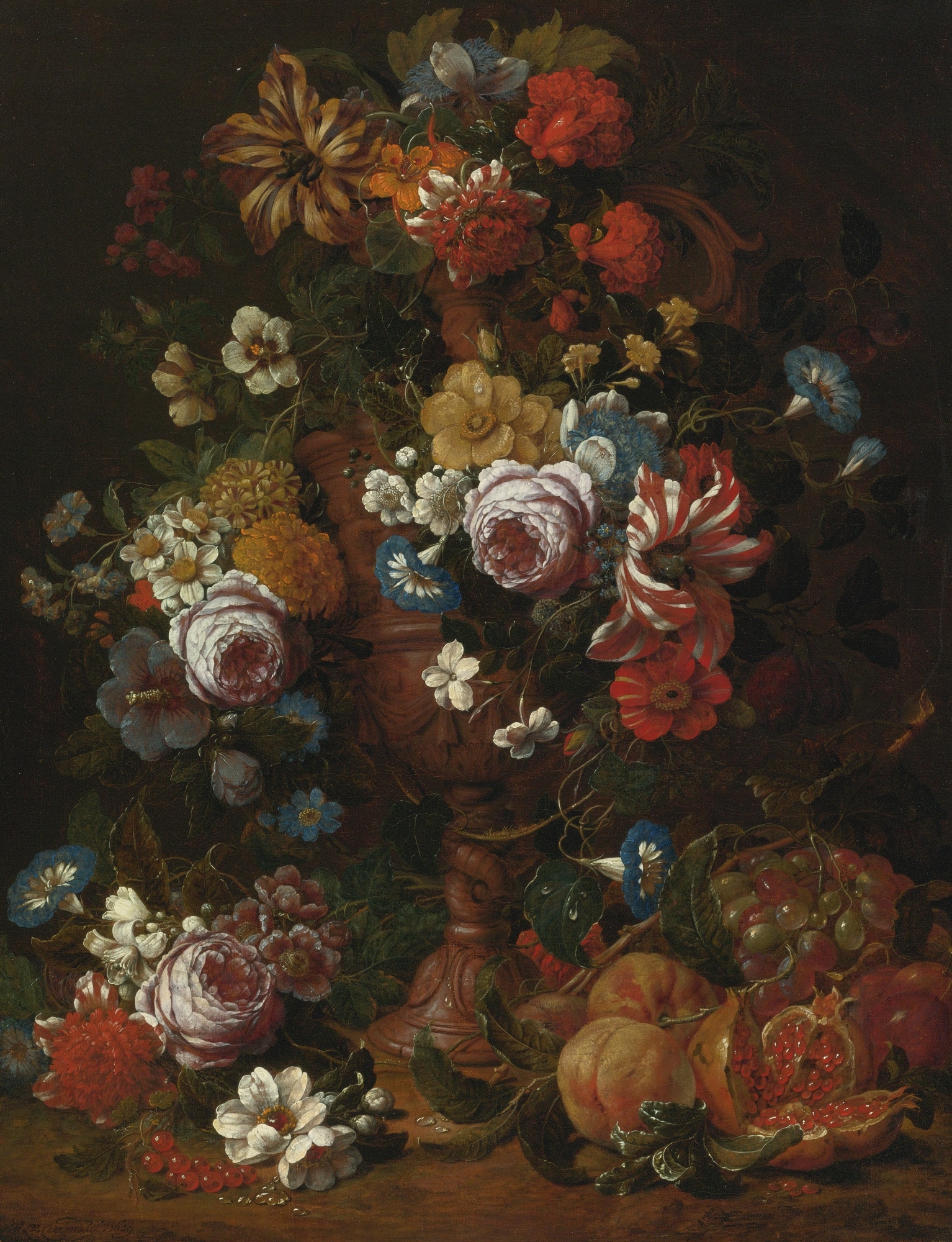 Artwork by Nicolaes van Veerendael, STILL LIFE OF ROSES, CARNATIONS AND OTHER FLOWERS IN A SCULPTED URN WITH FRUIT AND OTHER FLOWERS BELOW, Made of oil on canvas
