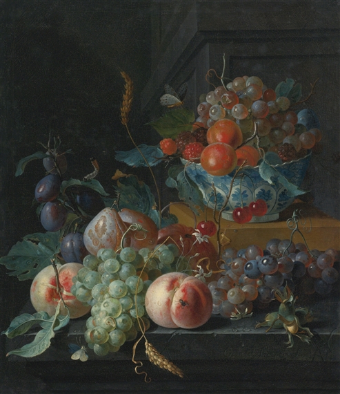 STILL LIFE OF FRUIT ON A LEDGE AND IN A BLUE AND WHITE PORCELAIN BOWL by Coenraet Conrad Roepel
