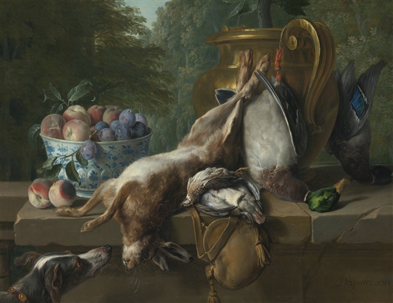 STILL LIFE OF GAME WITH A BOWL OF PLUMS AND PEACHES by Alexandre-François Desportes, 1714