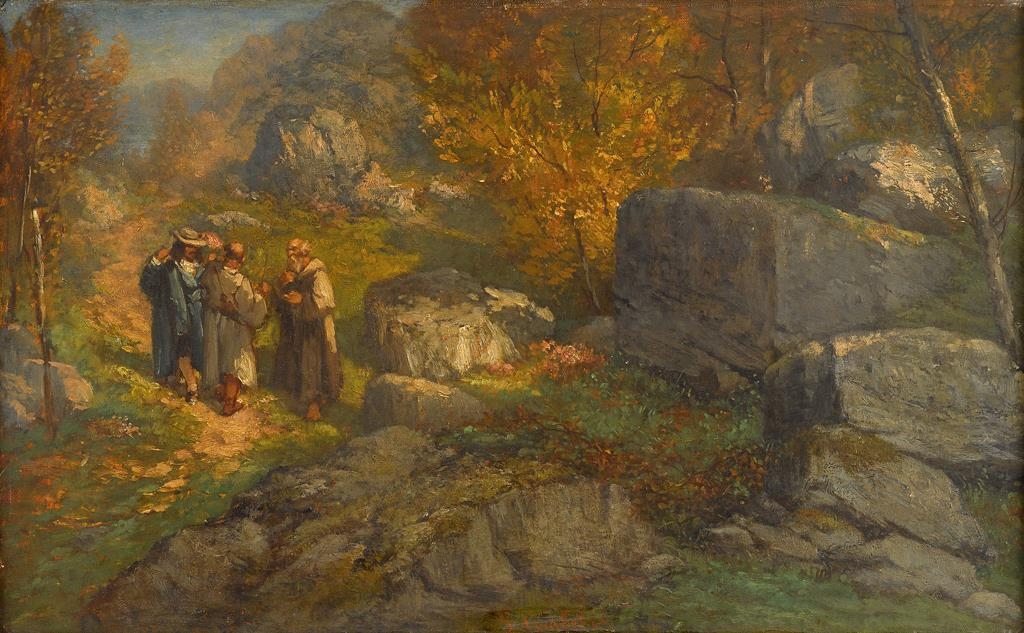 MONKS AND A TRAVELER ON A TRACK IN A LANDSCAPE by Gustave Courbet
