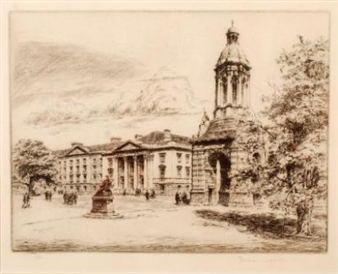A sepia-toned etching of a grand building with a prominent tower and classical columns.